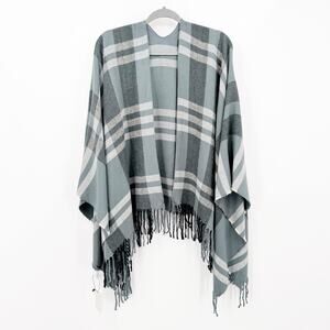 Siizu Gray Plaid Fringe Trim Poncho Shawl Wrap OS Cabincore Cozy Layering Fall